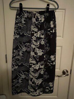 Vintage I.N. Studio Navy Crane Floral Print Maxi Skirt with Slit, Size M, Lined